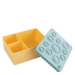 Blomst matboks i plast 3 rom blågrønn/lys gul