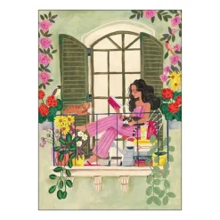 Caroline Bonne Müller poster 50x70 cm woman reads on balcony with cats