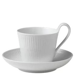 Hvit Riflet kopp med høyt håndtak og fat 24 cl