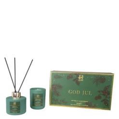 Jul gavesett duftpinner + lys 23x15 cm grønn