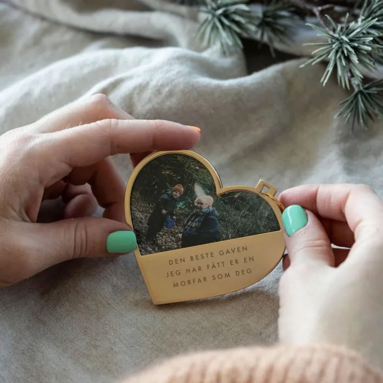 Julepynt hjerte m/fotoramme morfar 7x0,5 cm 14K gull