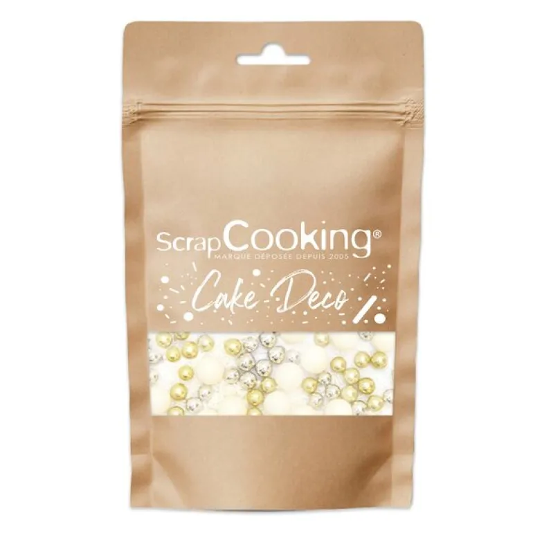 Kakestrø små kuler 80 g hvit/gull/sølv