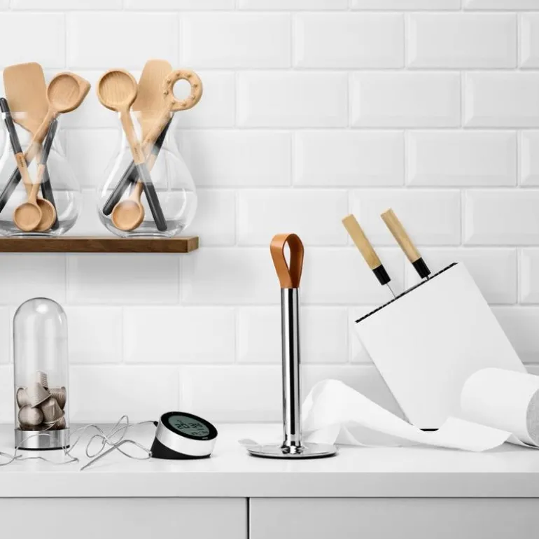 Kjøkkenrullholder rustfritt stål og lær