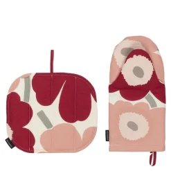 Pieni Unikko gryteklut og grytevott hvit/mørk kirsebær/rosa