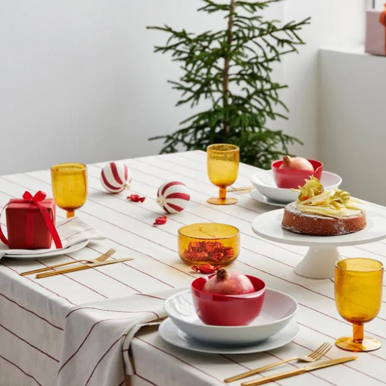 Pure Linen duk 140x320 cm offwhite/red