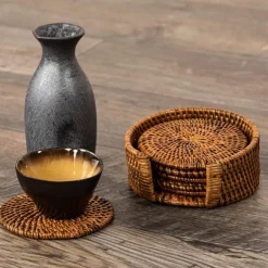 Rattan glassbrikke 6 stk i stativ brun