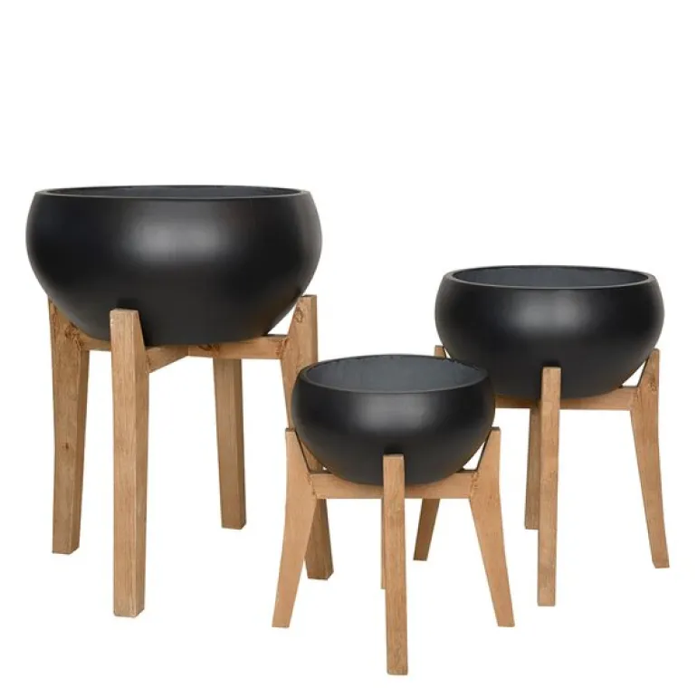 Rustik blomsterpotte rund 3 stk svart/tre