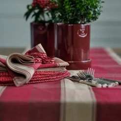 Rutete duk lin/bomull 150x250 cm rød/beige