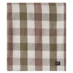 Rutete lin/bomulls duk 150x350 cm oliven/hvit/brun