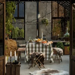 Rutete lin/bomulls duk 150x350 cm oliven/hvit/brun