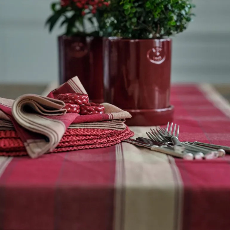 Rutete løper lin/bomull 50x250 cm rød/beige