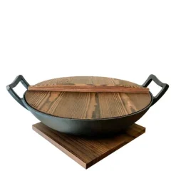 Støpejerns wok 36 cm m/glasslokk og trelokk