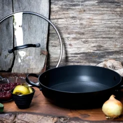 Støpejernskasserolle med Honeycomb keramisk belegg og glasslokk 26 cm